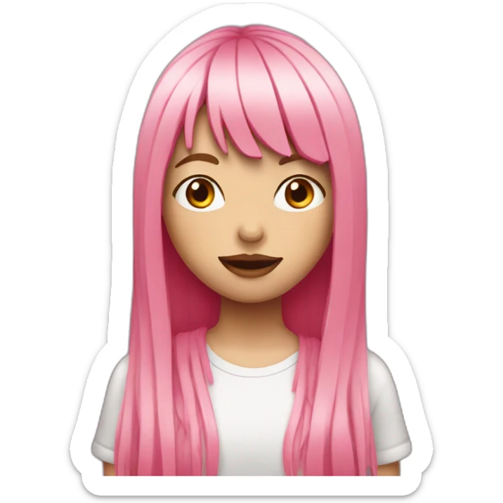 girl with long, straight pink hair and fringe and big lips holding camera sticker