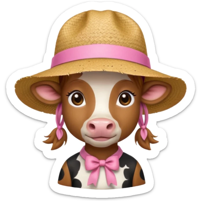 Girl cow with small pink ribbon and a cute straw hat sticker