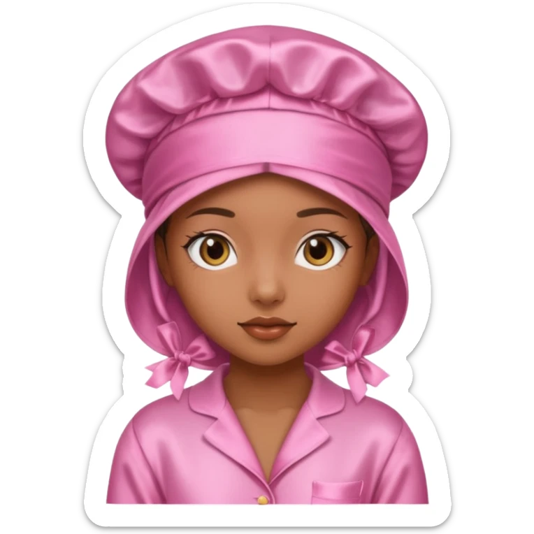 Caramel skin girl with pink silk bonnet on and pink silk pajamas  sticker