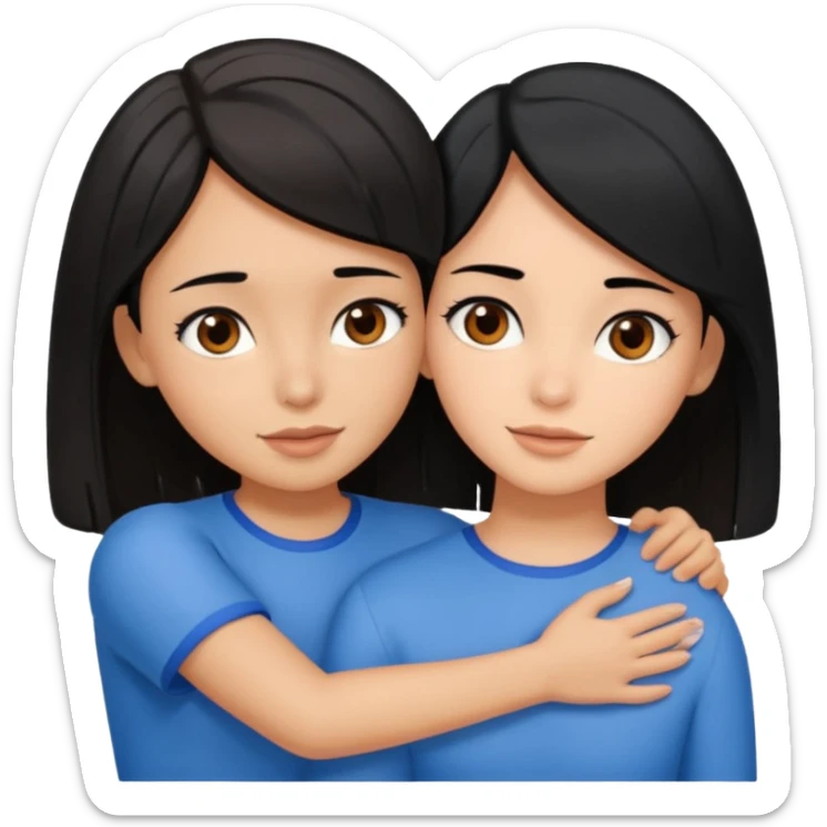 a brown-eyed brunette hugs a brown-eyed girl with a bob and black hair, and the strands are blue sticker