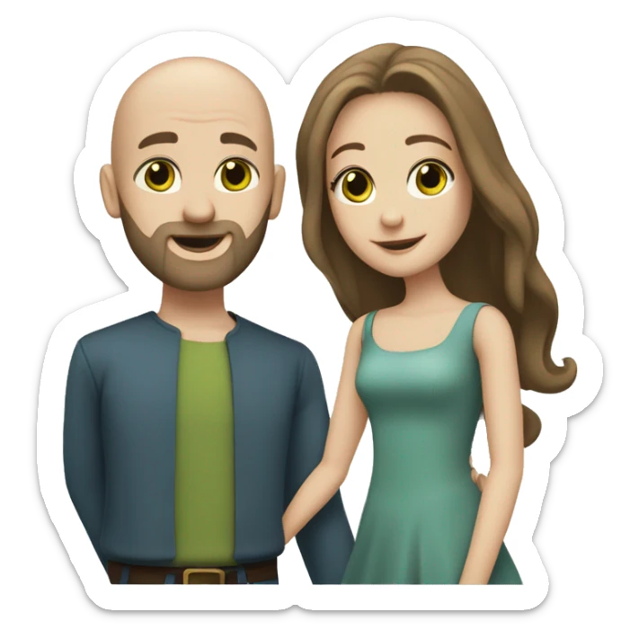 A couple are dancing, both are white, she has long brown hair and green eyes, he is bald, with a beard and blue eyes sticker