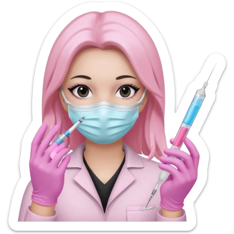 laboratorista con guantes rosa pastel y mascarilla rosa pastel jeringa tubo laboratorio sin lentes pelo lacio negro y largo ojos negro cabello largo sticker