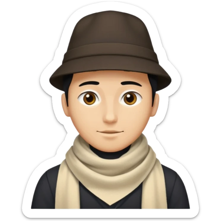 A guy with a triangle body with no arms and legs then his head is a perfect circle and black then give him a hat that doesn’t go behind his head, and last but not least give him a white scarf sticker