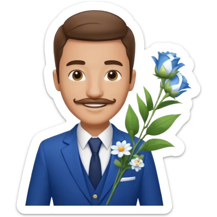 Homme 23 ans léger bouc moustache en costume bleu chemise blanche insigne cabin crew portant bouquet fleur blanche souriant  sticker