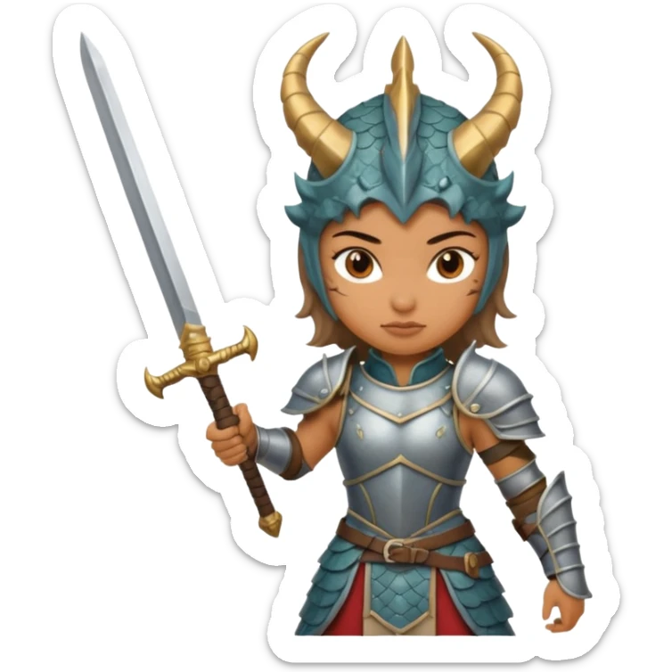 Fierce Latina in armor with a sword after a battle cutting off the head of a dragon sticker