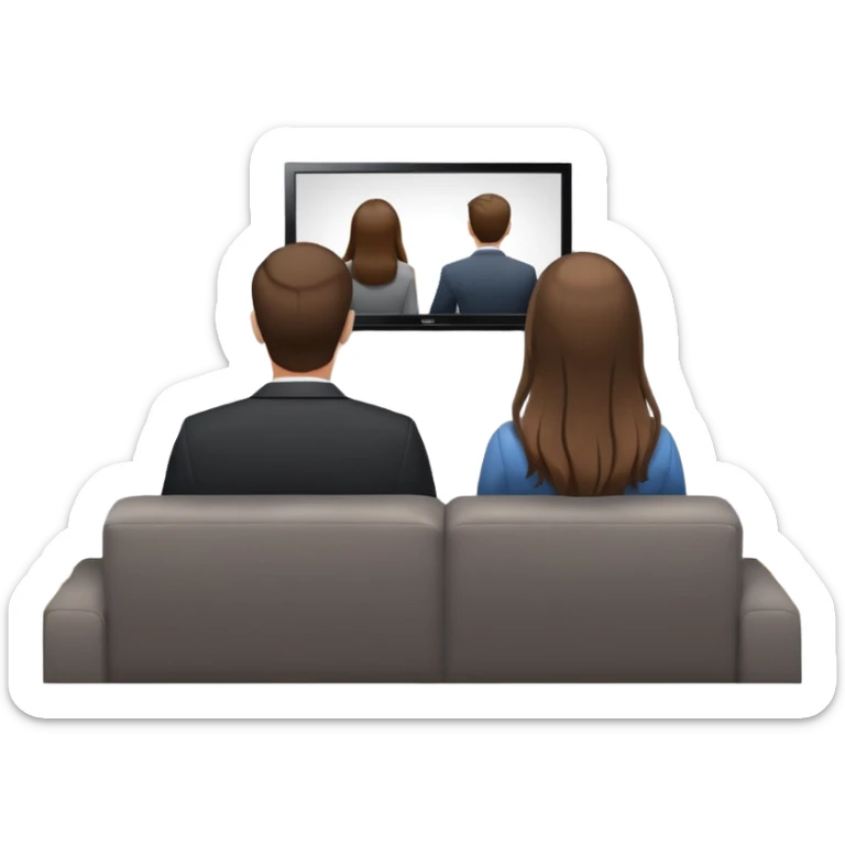 A man and a women long hir  photographed from behind, sitting on a sofa and watching the news on TV on a modern flat screen. The setting is a living room. sticker