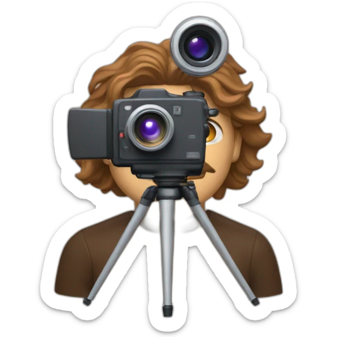 European film director with brown piled hair holding a cinema camera sticker