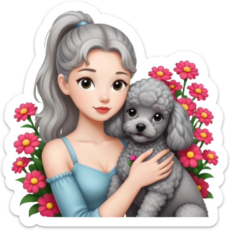 A beautiful girl with a high ponytail hugs a gray poodle among the flowers sticker