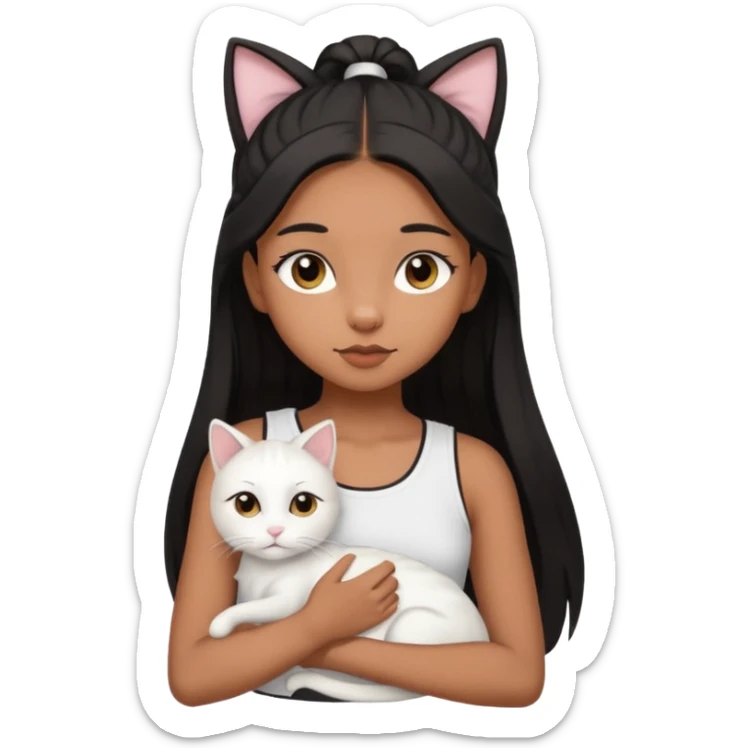 An brown skin Teenager girl with brown eyes, long black hair in a high ponytail, with a white crop top holding her white cat which has folded ears  sticker