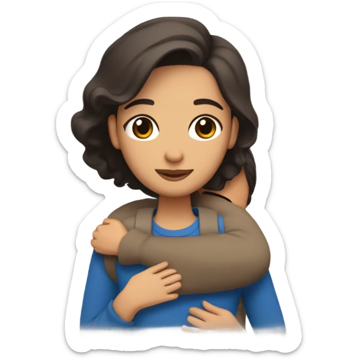 Comforting hug from brunette Puerto Rican with dark brown eyes wearing a cute blue top to short, bald man with brown eyes and a beard wearing a sweater sticker