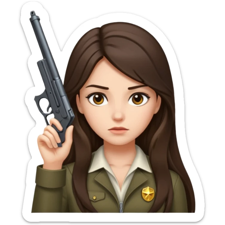 A brunette with long hair girl who is about to kill herself with a littlr gun pointed at her temple sticker