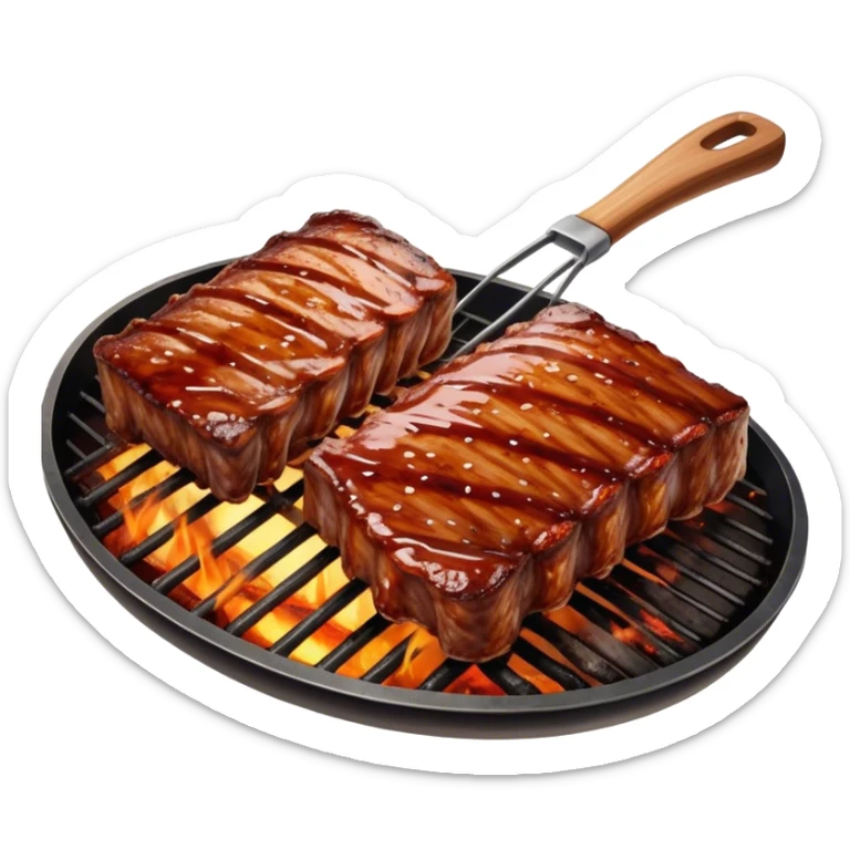 Cinematic juicy grilled ribs, glistening with smoky barbecue sauce, charred edges, tender meat falling off the bone, sizzling on a hot grill, mouthwatering and rich, warm and inviting, ultra-realistic and delicious. sticker