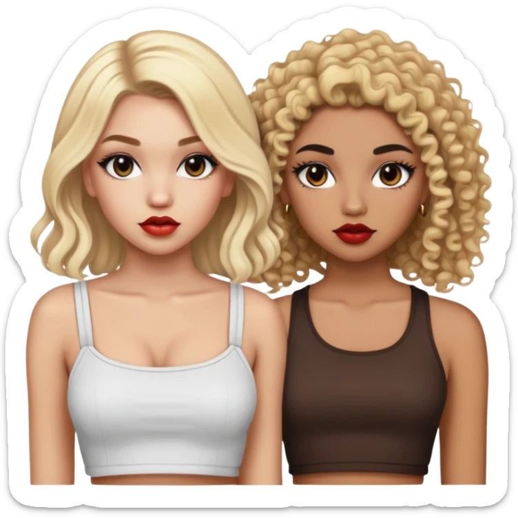 Two teenage girls together, one white with straight blonde hair and one brown-skinned with curly dark hair, both with heavy makeup, big lips, crop tops and choni style clothing sticker