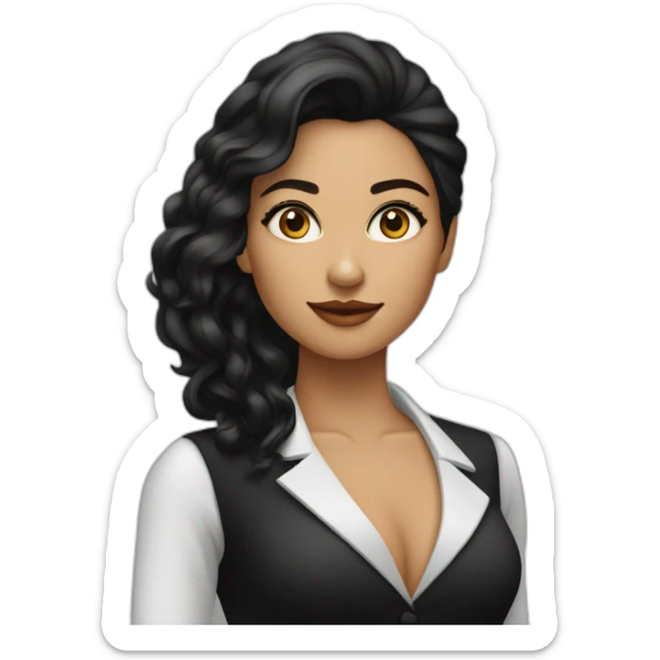mujer de piel morena ojos marrones pelo largo negro con traje formal negro sticker
