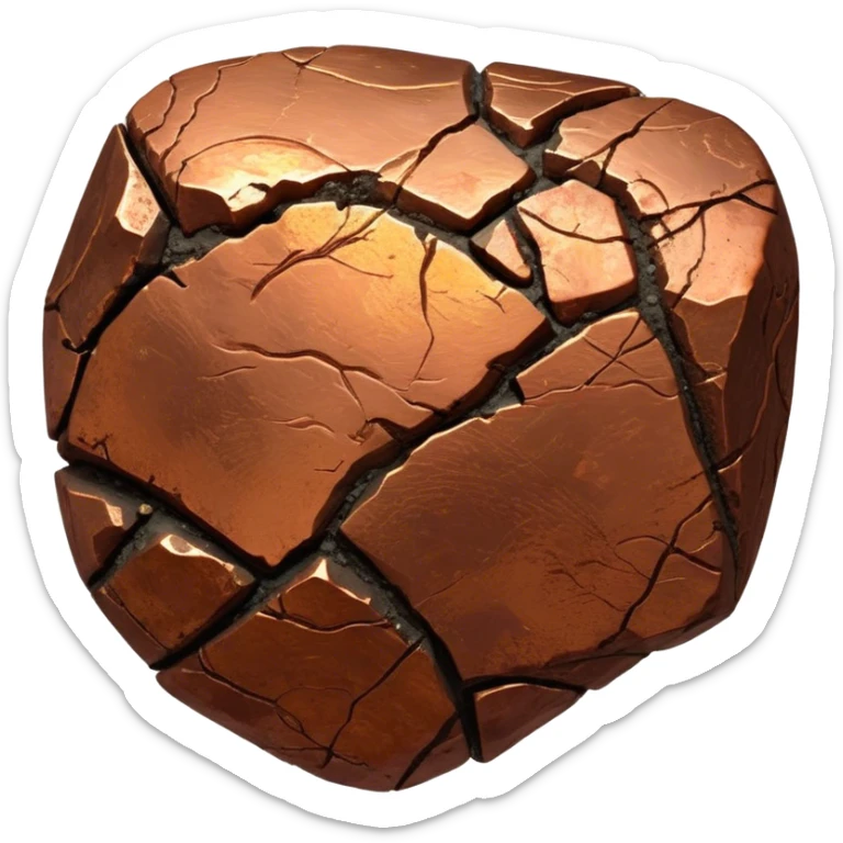 Cinematic Realistic Copper Ore, Warm and earthy, with rich, reddish-brown hues and intricate swirls of natural patterns across the rough, raw surface. The metal catches light with a gentle, glowing shimmer, exuding a rustic, organic charm. Soft glowing outline, capturing the essence of earthy elegance and natural beauty in raw copper ore. sticker