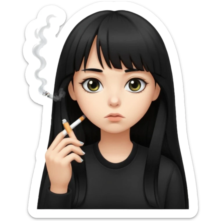 teen girl with long black hair and straight bangs, big eyes looking tired, not smiling, all black clothes, smoking cigarette sticker