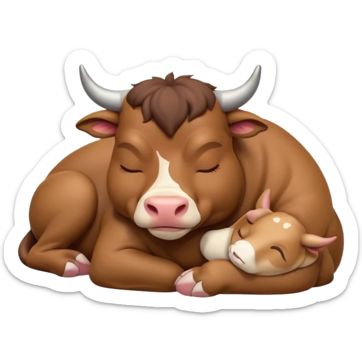 meme-worthy-cute-sleeping-domestic-bull-portrait-emoji,-head-resting-peacefully-with-a-contented-smile,-showcasing-a-robust,-muscular-build-and-a-luxuriously-soft-coat,-eyes-gently-closed-in-serene,-restful-slumber,-simplified,-solid-brown sticker