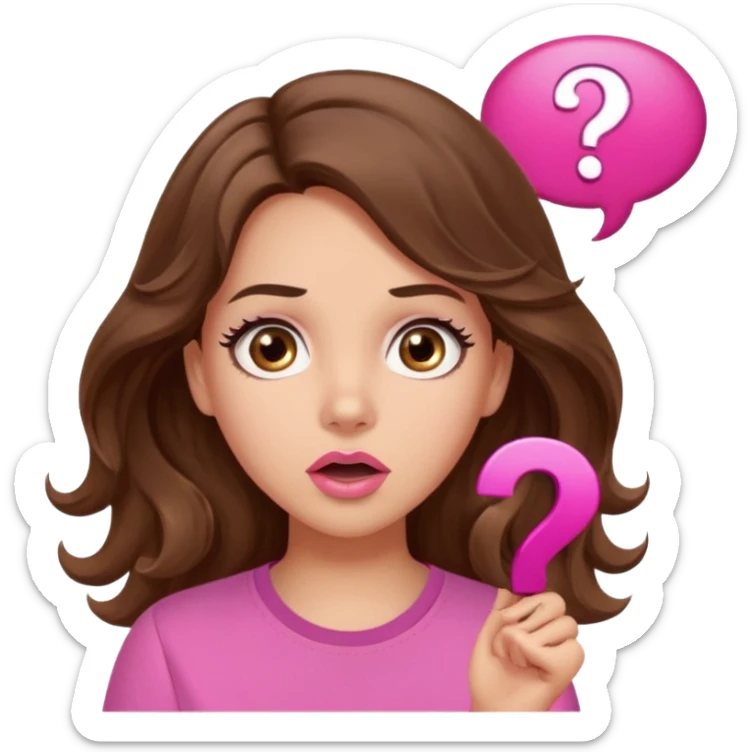 girl with long wavy brown hair, brown eyes, light to medium complexion, in a pink shirt, pink lips, long lashes, surprised, question mark speech bubble sticker
