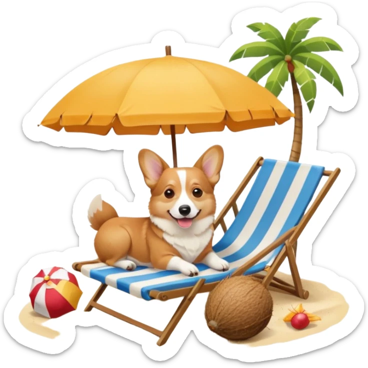 a corgi dog laied on a beach chair, a sunny beach, a sun umbrella, and beach coconut trees. the icon should capture the essence of a relaxing beach vacation with a carefree atmosphere sticker