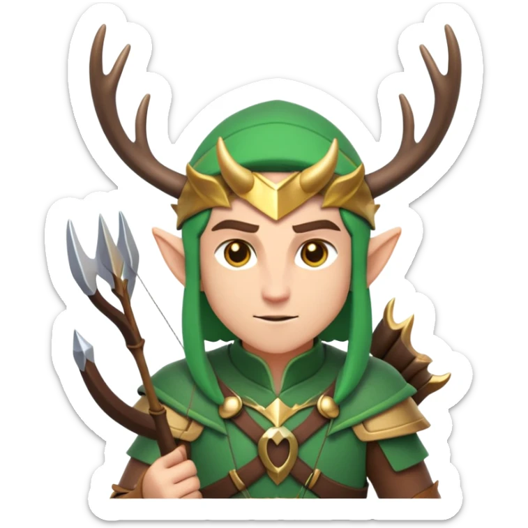 clash-of-clans-aesthetic-focused-elf-archer-portrait-emoji, rendered in a flat, vector-style similar to standard emojis with minimal shading and bold, simplified shapes, head tilted slightly forward with a determined, focused expression, riding a majestic stag with antlers glowing faintly with mystical energy. sticker