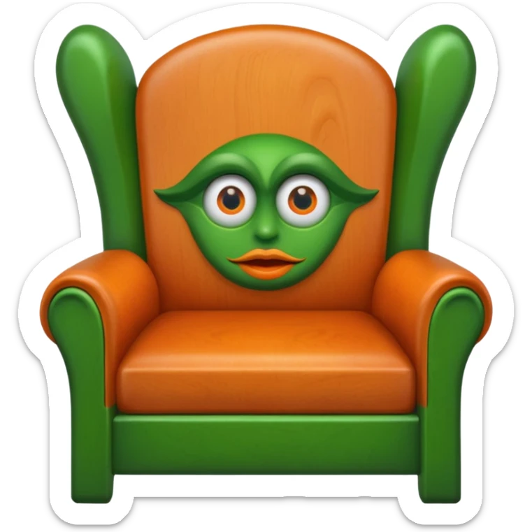 A Treen chair with a green nose green lips and two eyes with orange pupil sticker
