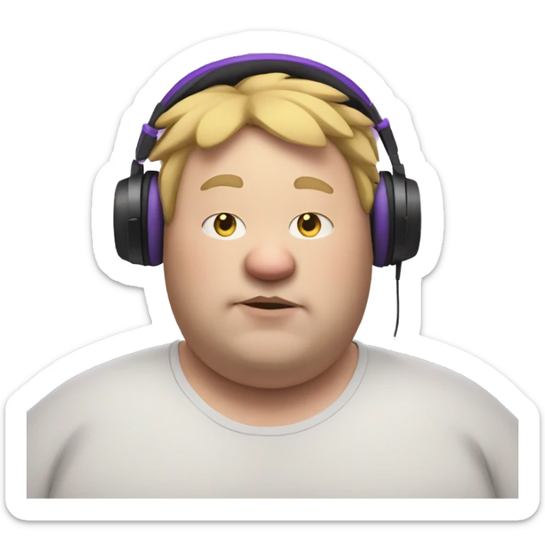 fat white man with purple cat ears, listening to music sticker