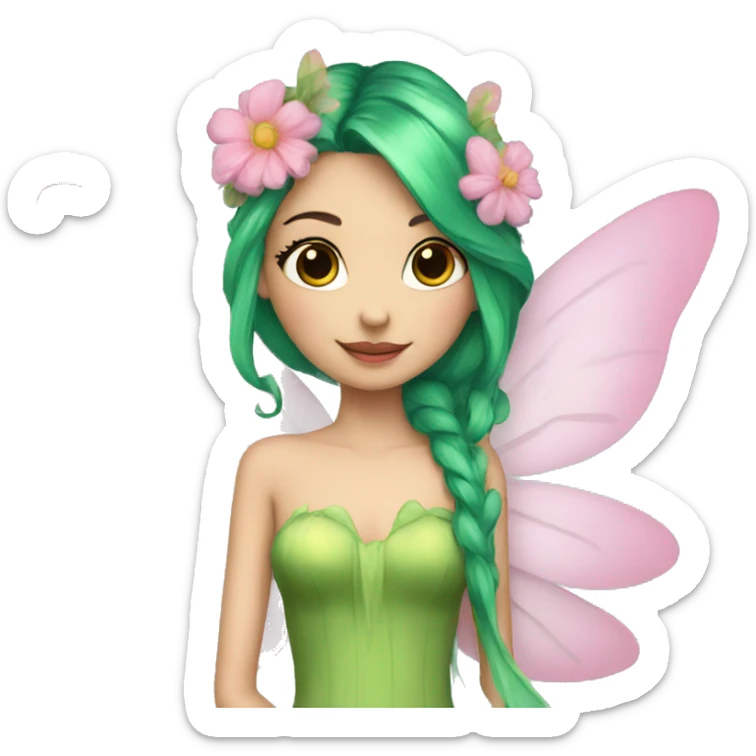 A skinny fairy, green hair, wings, pink dress with flowers  sticker