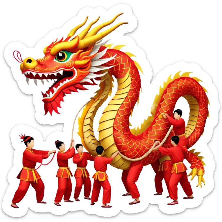 Cinematic Realistic scene of a traditional Chinese Dragon Dance featuring a team of performers skillfully manipulating a colossal, flexible dragon puppet, its intricately detailed, vibrant scales and flowing, embroidered fabric catching the light, set against a festive backdrop of red lanterns and dynamic red-tinged lighting that accentuates the majestic presence of the dragon puppet. sticker