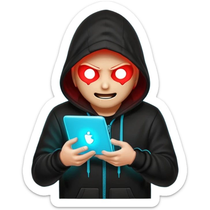 Black-hooded neon hacker emoji, red and cyan glow only, slamming glowing text “FTHESCAMMERS” with impact flash, aggressive anti-scam vibe, smooth 2-second loop, transparent background, Discord sticker style, no new colors. sticker