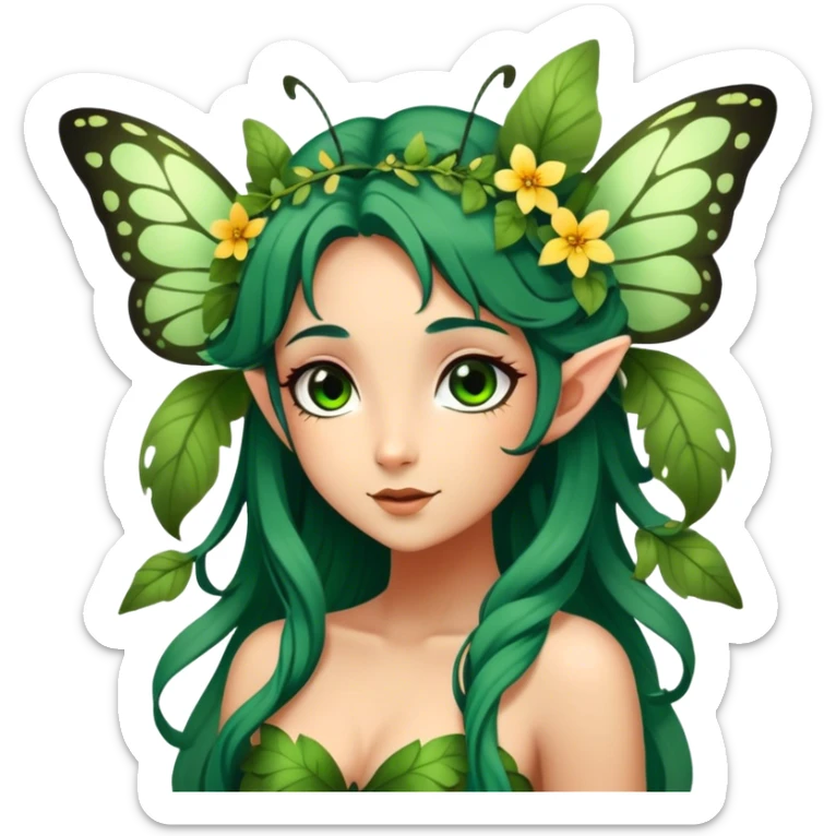 Cinematic Realistic Forest Nymph Fairy Portrait, head tilted playfully and inquisitively, showcasing a nature-inspired form with intricately detailed, sunlit tanned skin and cascading dark green hair interlaced with leaves and blossoms showing her large butterfly wings from her back. Her bright, curious eyes sparkle with forest mischief, rendered with lifelike clarity and warm, dappled lighting that captures the spirit of an enchanting woodland fairy ready to dance among the trees. sticker
