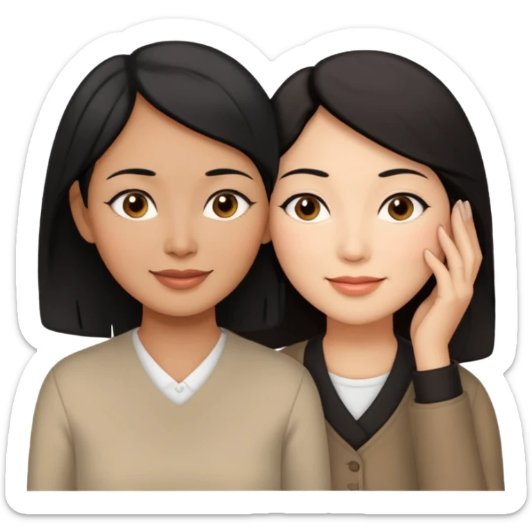 Middle aged brown woman with black hair, beside a middle aged asian woman with dark brown hair touching their cheek sticker