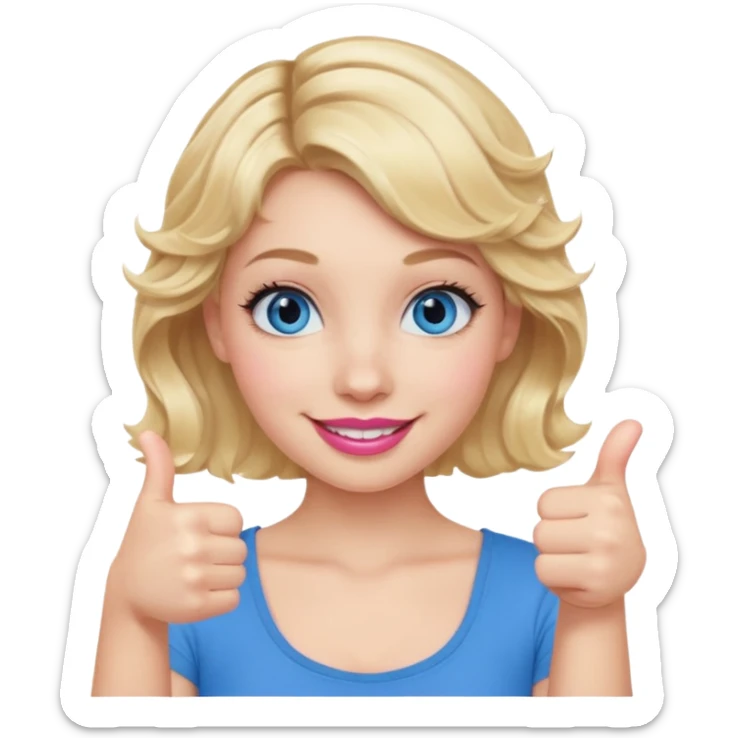 Girl Blonde short wavy hair,  blue eyes, cute blue top, long lashes, pink lips, smiling, thumbs up sticker