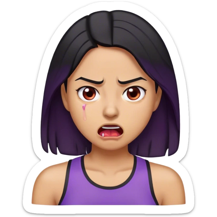 A digitally illustrated emoji-style character of a woman with shoulder-length black hair, wearing a purple shirt. Her expression shows extreme exhaustion or dehydration—her eyes are bloodshot and dry, her tongue is sticking out, and she has a single sweat drop on her cheek. The image has a clean white background sticker