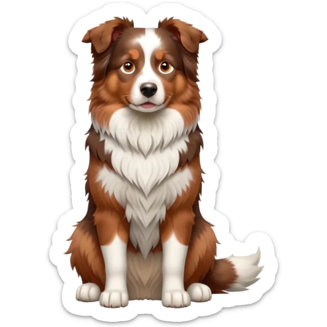 cinematic-[australian shepherd dog]-realistic-full-body-sitting-emoji,-tail-resting-loosely-beside-its-paws,-head-tilted-dramatically,-scruffy-[red merle]-fur,-simplified-yet-realistic-focused-features,-highly-detailed,-glowing-with-an-almost-sarcastic-glow sticker