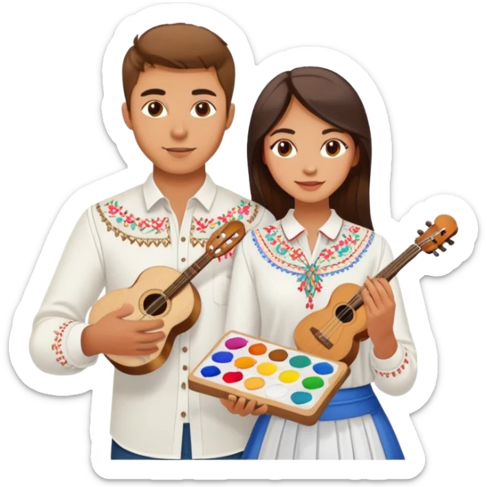 a guy in a white Ukrainian embroidered shirt and a girl in a white Ukrainian embroidered shirt, holding music and a paint palette sticker