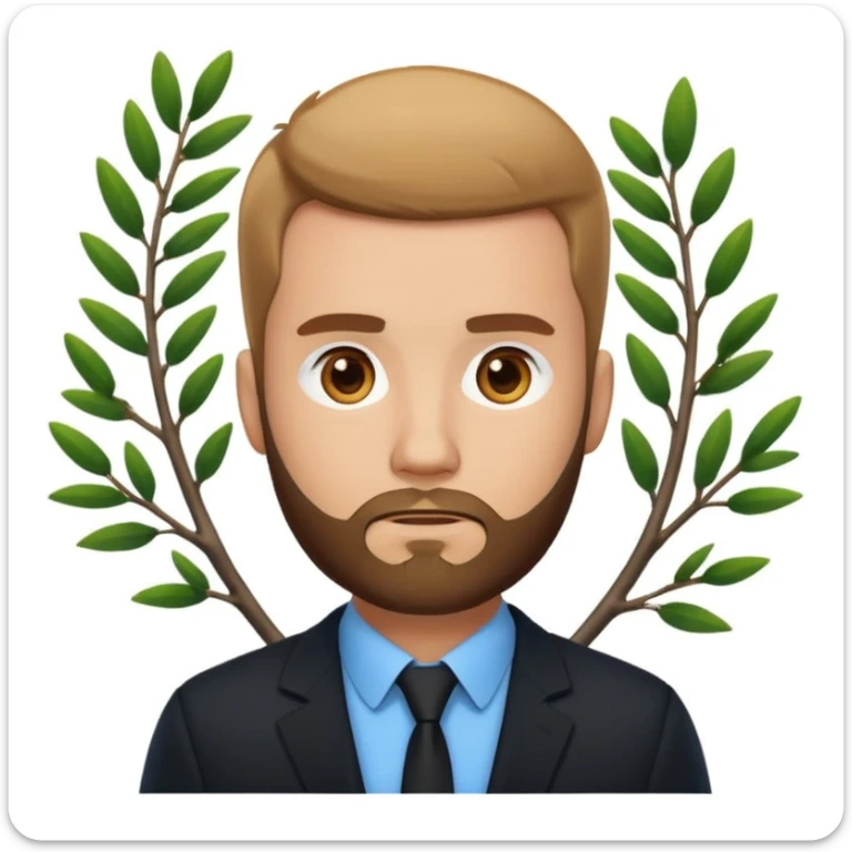 serious emoji-style man with close-cropped haircut and beard, dressed in black blazer and white shirt, blue background with white branch graphic sticker