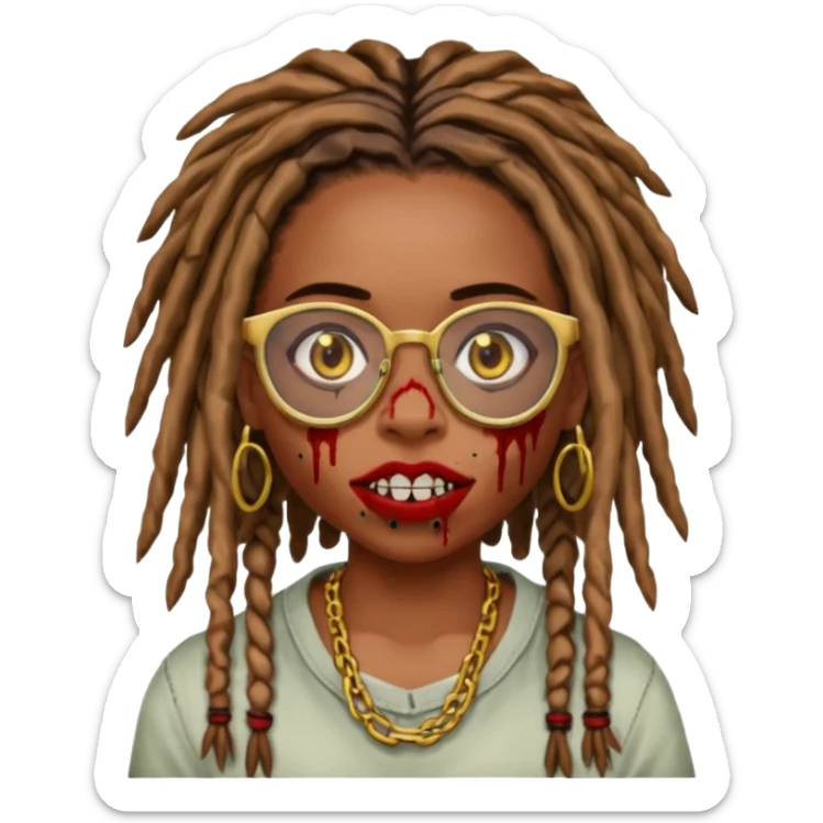 an african american girl with mid back length dread locs black glasses scar on the right side of face its like a red brown line im gold grills zombie mouth locs upfront sticker