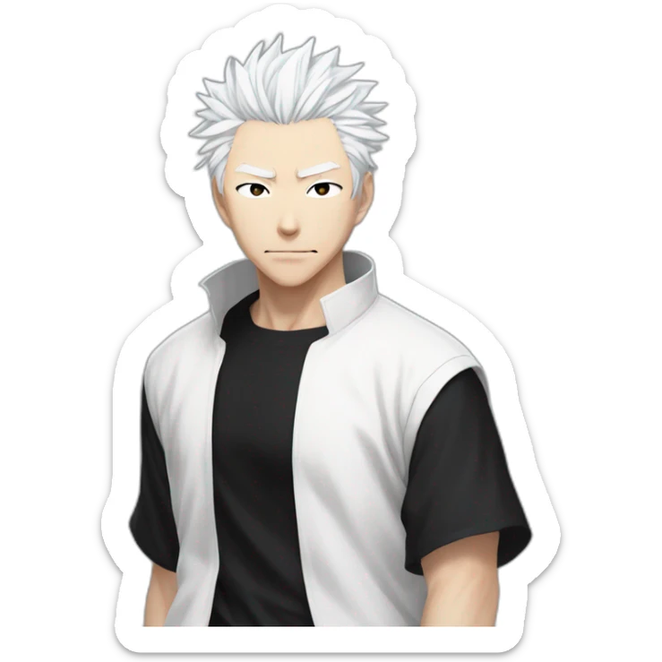 gojo satoru from jujutsu kaisen with white hair, black tshirt and a white baggy pant sticker