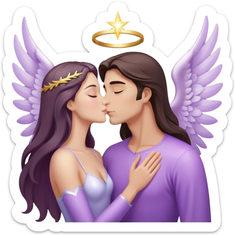White brunette human man with rays of light Heart kisses a pastel purple angel woman sticker