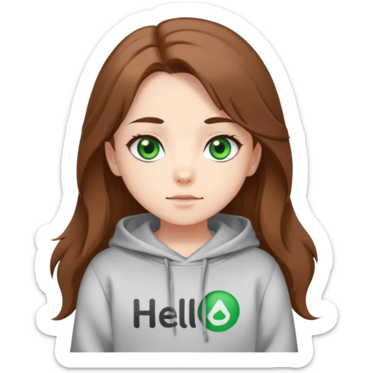 Chibi girl with green eyes, long brown unruly hair, S-With shaped eyebrows. Dressed in a sweatshirt. Says hello.  sticker