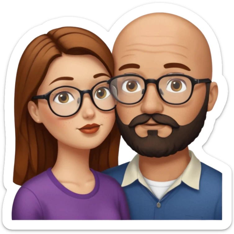 Couple. Bald man with dark brown-black beard. White woman with many small, faded freckles, she has white skin and she has auburn-brown-cinnamon, dark long hair. She has light brown eyes. The man have hazel eyes and glasses. She have light eyes. Retro style. She kisses him. sticker