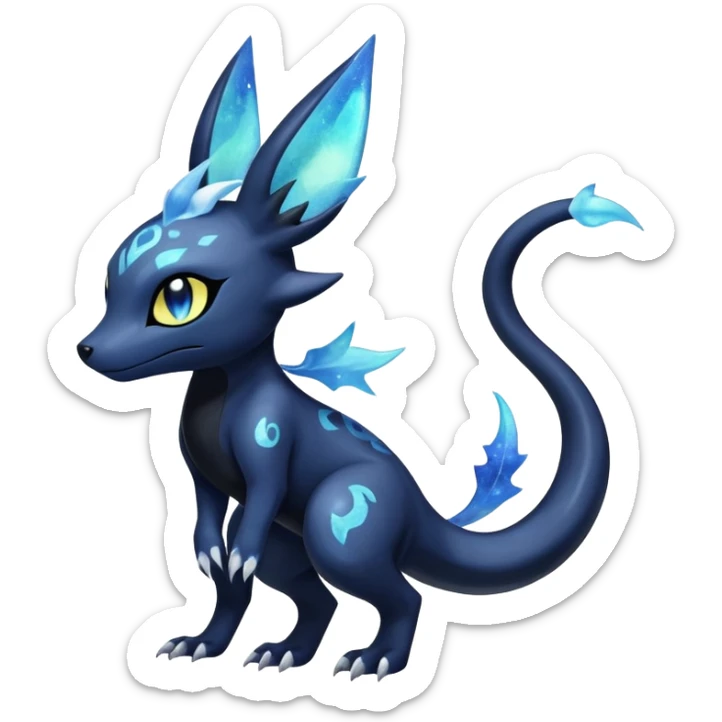 Shiny icy iridescent dark gothic ethereal Nebulae Salandit-Meowstic-Umbreon-Fakémon-hybrid-creature (full body)  sticker