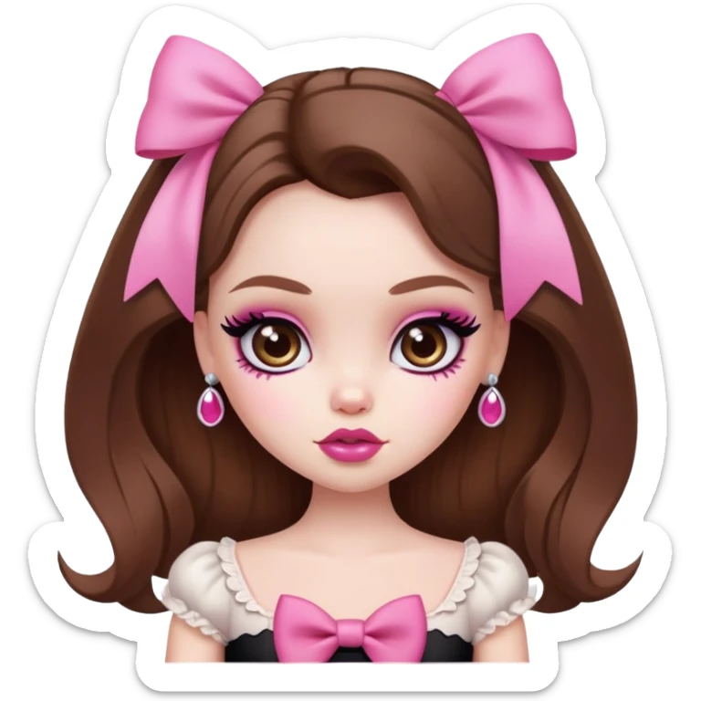 pretty bratz baddie, pale skin, brown hair, pink bow, cute sticker
