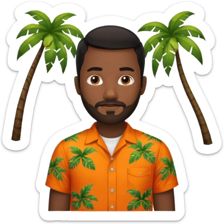 create an emoji of a man but with very very short black hair, dark skin, dark brown eyes and a short beard without a moustache and an orange and tropical shirt with short sleeves sticker