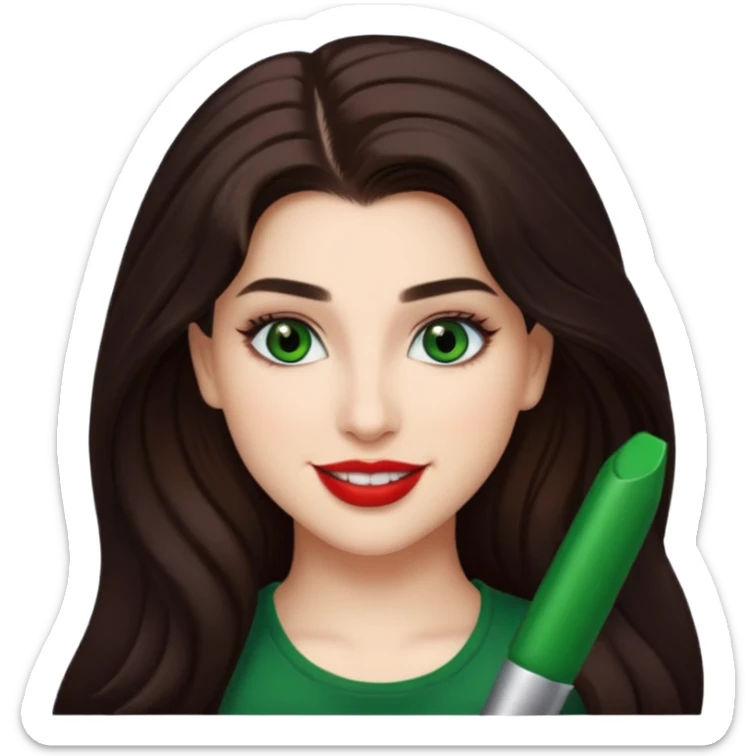 Lauren Jauregui with long dark brown hair, green eyes, red lip sticker