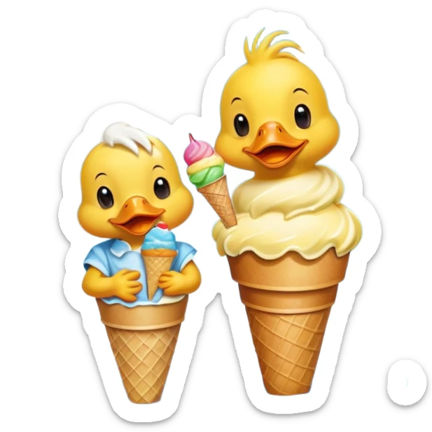 A cheerful cartoon duck and a small duckling sitting together, happily eating colorful ice cream cones on a sunny day, with a bright blue sky and fluffy clouds in the background. sticker