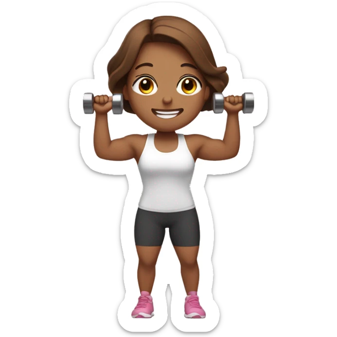 Gym girl lifting weights, pink skin, long and brown hair, eyes closed, smiling sticker