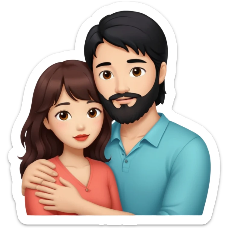 handsome asian man with black hair and beard, hugging cute tan skin woman with long wavy reddish brown hair with bangs and coral lipstick sticker