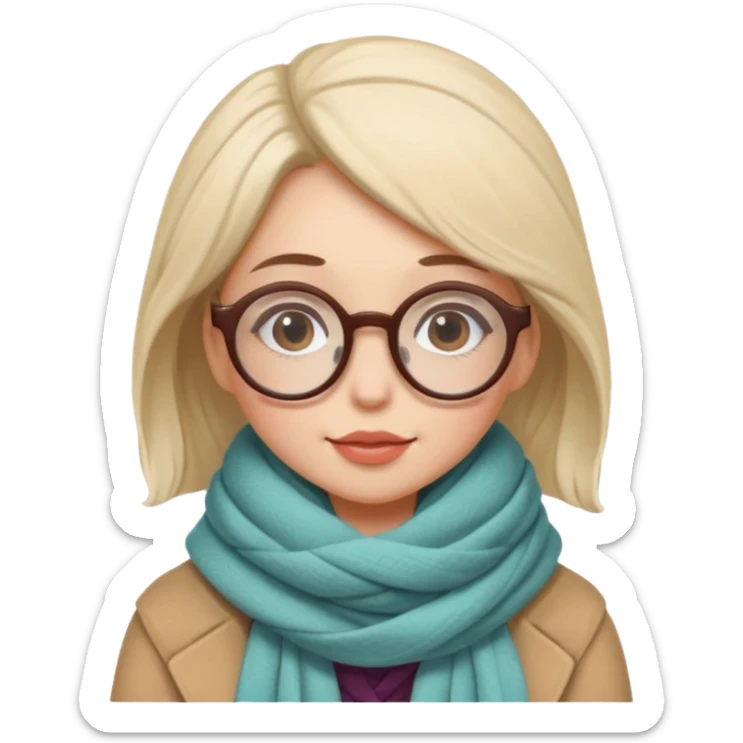 A shy woman with big round glasses and thick scarf, blushing from the cold. sticker