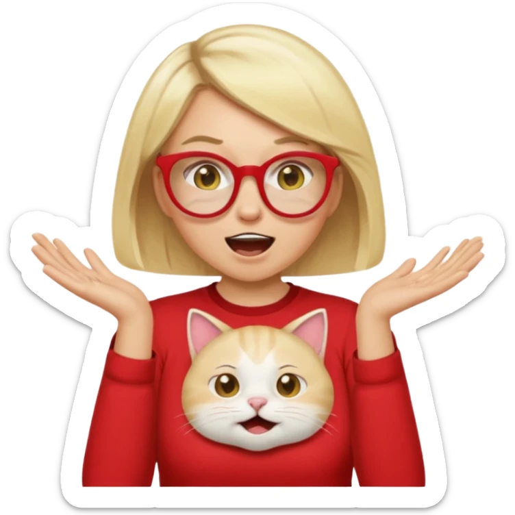 emoji style, waist-up woman with light skin, blonde bob hair, white cat-eye glasses, red shirt, both hands cupped around her mouth, shouting with joy on simple light background sticker
